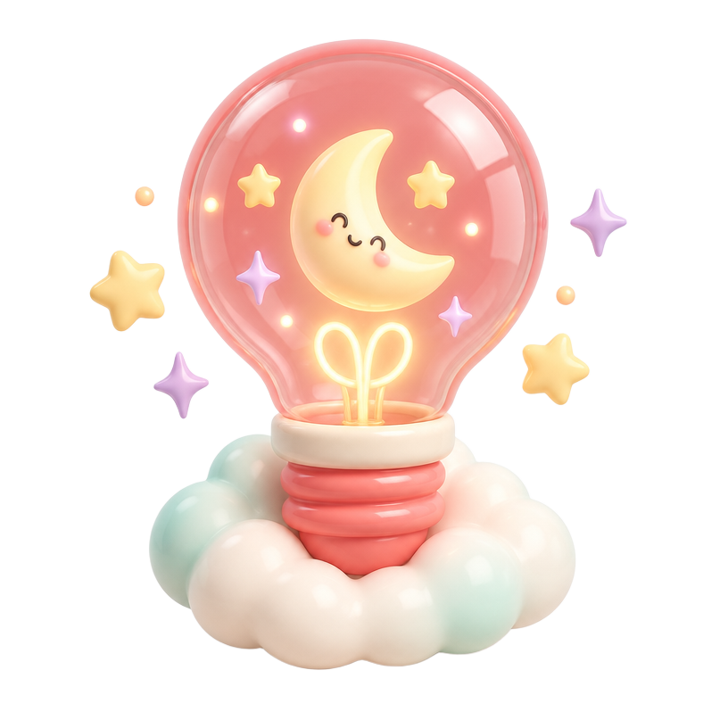 A dreamy lightbulb with a smiling moon, stars and a cloud